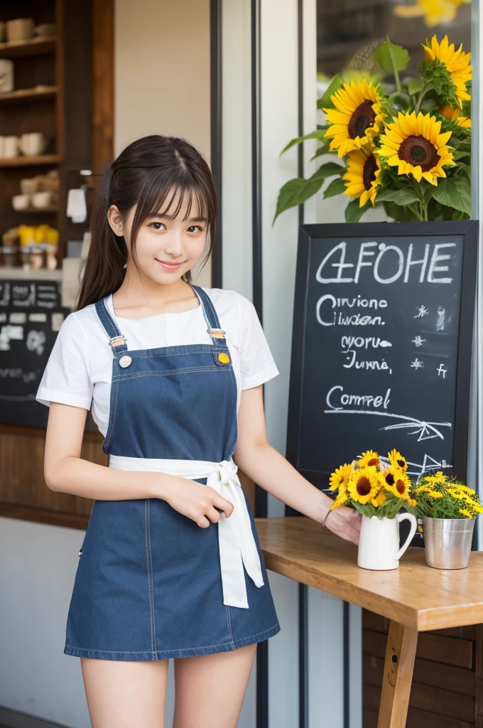 20 years old girl (Japanese cute face) is wearing mini skirt and white apron and working at the cafe with sunflowers