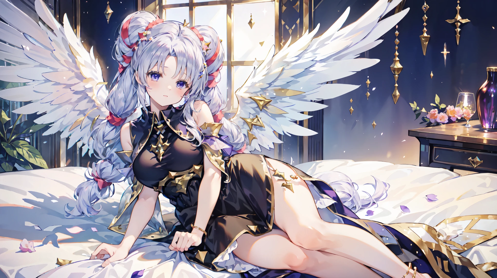 Highest quality, Very detailed, beautiful, Exquisite, 16K, Full HD, ((sleep)),(sleep in bed),Confused,(garden,Please sleep on your side),((Sparkly and soft layered dress)),A large and beautiful dress inspired by rose flowers, Hanabubuki,The screen is surrounded by flowers,Frills,Rhinestones are adorned、Intricately wavy ball gown,(Art Station, Fantasy art:1.2), pastel colour,((Huge white angel wings:1.5))、Gradient Hair, tiara,anklet,Purple eyes, Long eyelashes, beautiful Purple eyes,Pale pink cheeks,Golden Hour, Dazzling Light, Warm lighting,Bright light,Romantic light