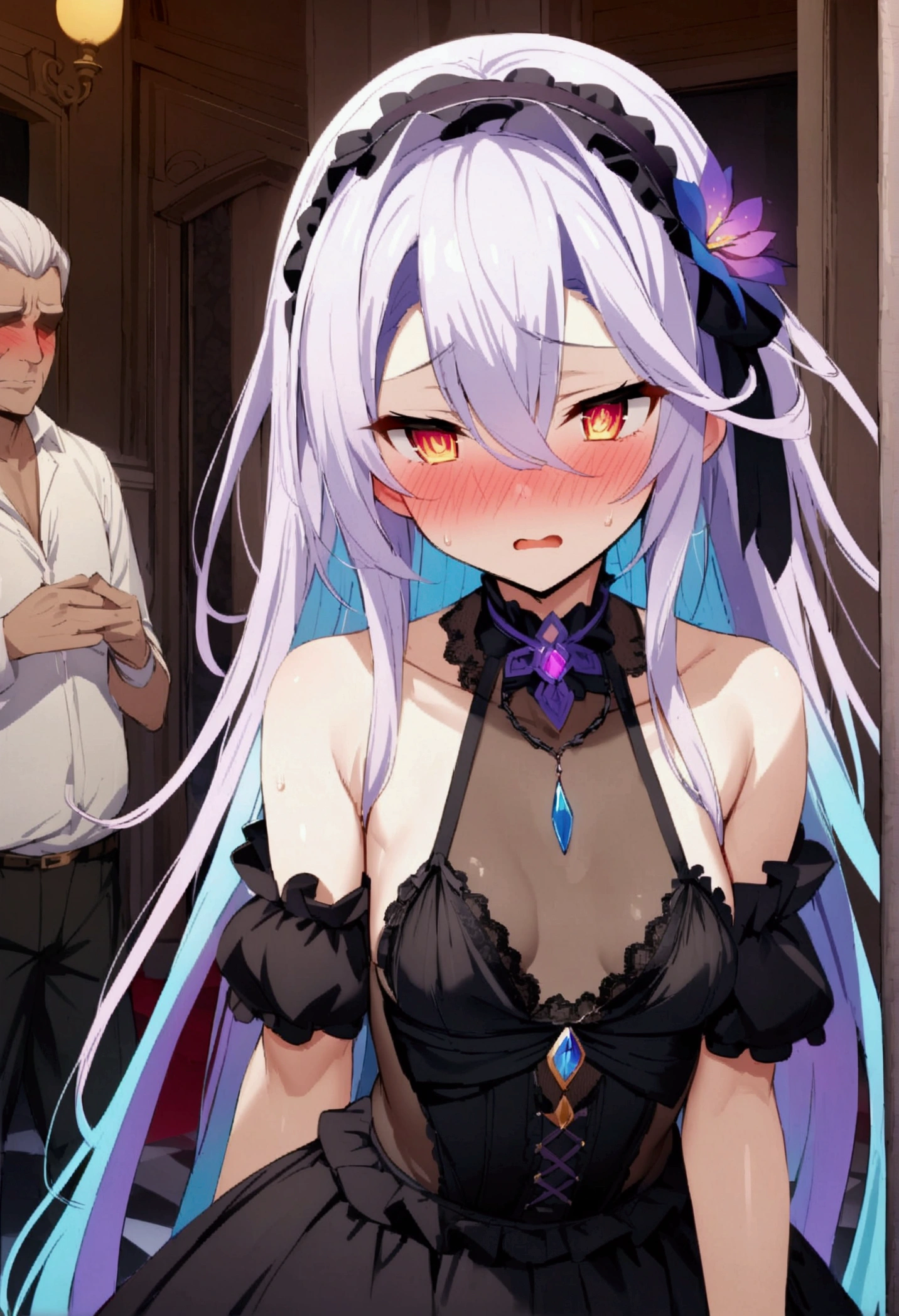 NSFW,masterpiece,Highest quality,High resolution,Very detailed,white\(no game No life\),Small breasts,(Gothic Lolita),See-through,Bare shoulders,hair band,flower,slave,Embarrassed,blush,Luxurious mansion,Party Venue,noble,(Middle-aged men),Lead,Being sexually harassed