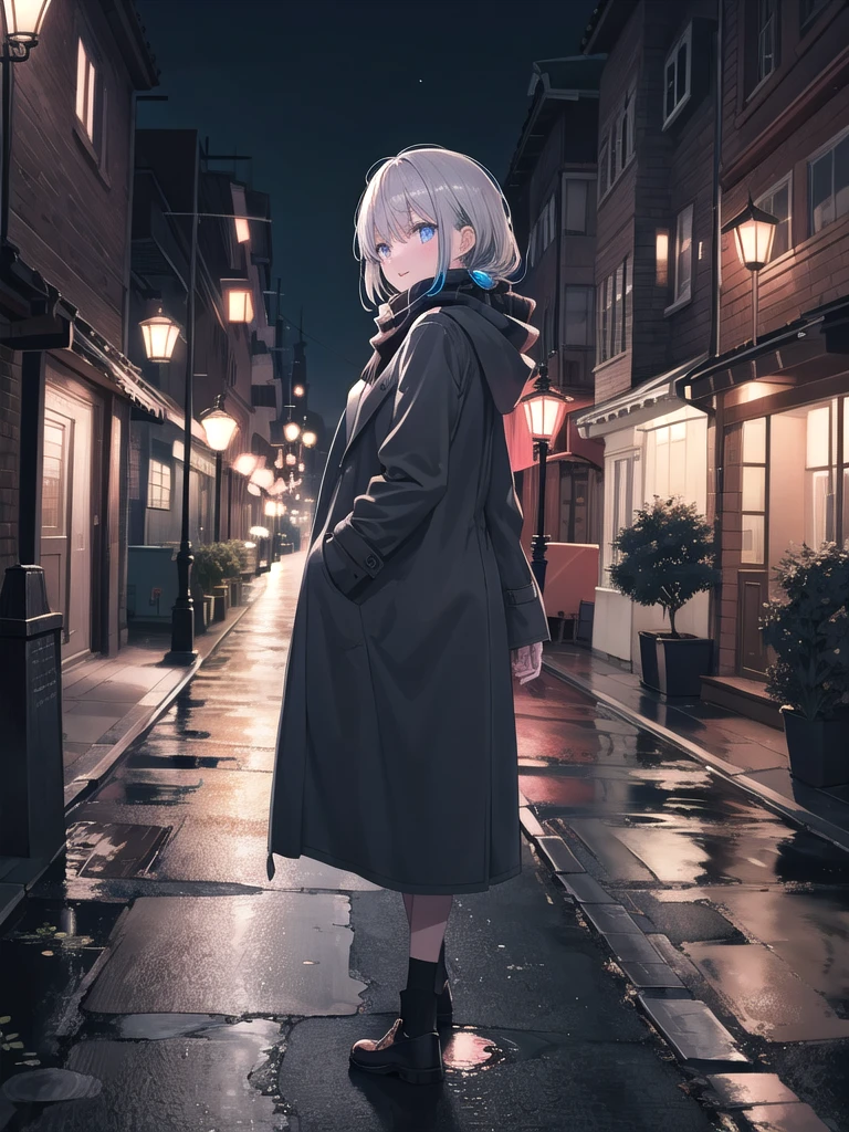(8k, best quality, master piece: 1.2),super high resolution,1 girl, solo, ((colorshift eyes, hyperdetailed, expressive eyes)), ultra-detailed face, random hair, silver gray color, Ecstatic expression,I'm walking through the park at night. The soft light of the street lamps illuminates the road, creating a quiet night atmosphere. Her silver hair is simply tied up, and she's wearing a long coat and a scarf. Her back is a glimpse of her walking through the quiet night, her thoughts wandering.