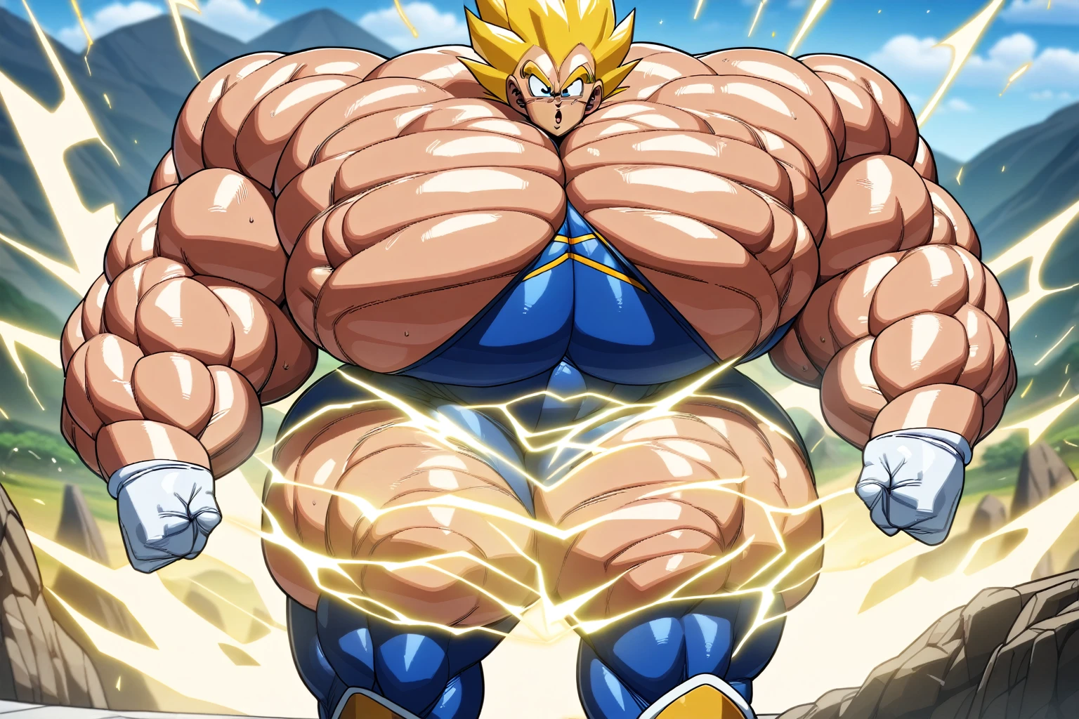 1boy, Vegeta, from Dragon Ball Z, masterpiece, best quality, very aesthetic, absurdres, saiyan, green eyes, spiked hair, (yellow hair:1.5), shirtless, blue skintight pants, white gloves, (huge muscles:3.5), dragonballartstyle, in the style of Akira Toriyama, white tiled floor, outdoors, flat-top mountains, nipples, yellow aura, electricity, (blue skintight pants:2)