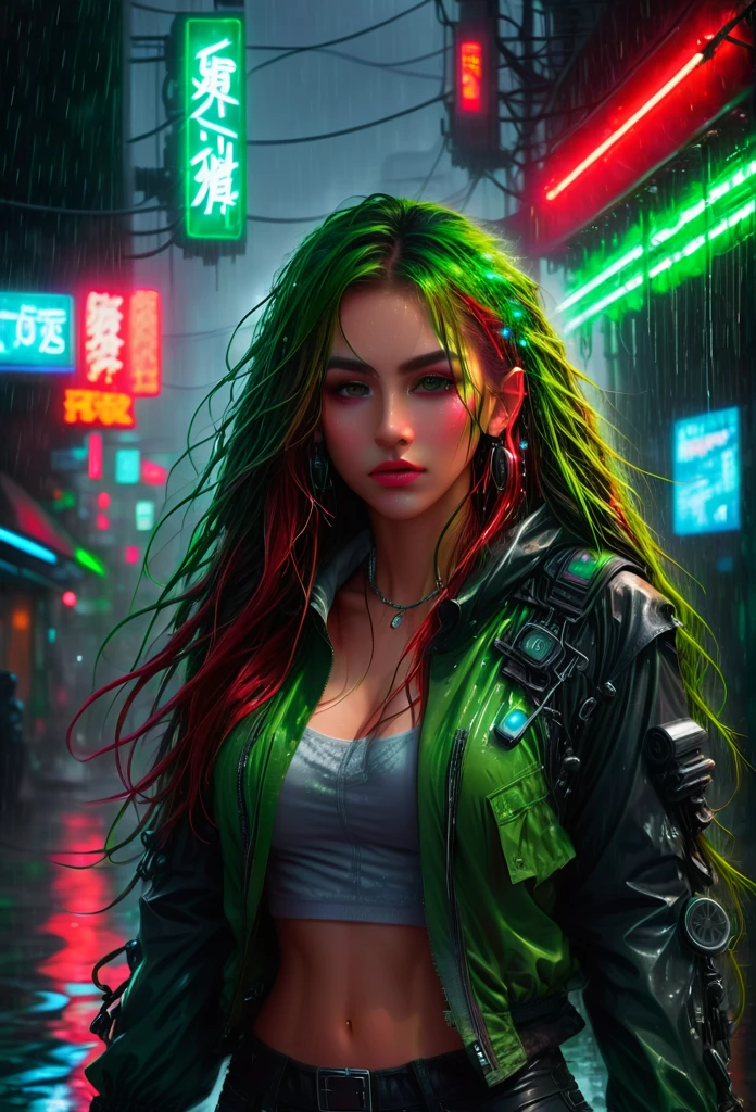 Illustrate a stunning cyberpunk scene featuring a girl with long messy hair, and mechanical arms, wearing a rugged jacket. Depict her standing in the rain, surrounded by neon red and green lights, with water dripping from her hair and body, exuding a fierce and futuristic vibe