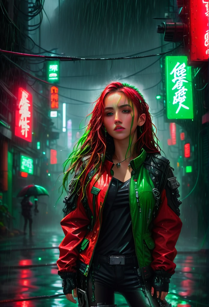 Illustrate a stunning cyberpunk scene featuring a girl with long messy hair, and mechanical arms, wearing a rugged jacket. Depict her standing in the rain, surrounded by neon red and green lights, with water dripping from her hair and body, exuding a fierce and futuristic vibe