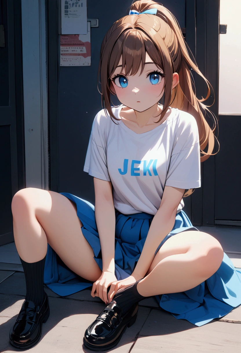 a pretty young girl with blue eyes and long brown hair in a ponytail with a bow tie wearing a t-shirt marked JERK and a blue skirt with socks that go up to her legs with black shoes