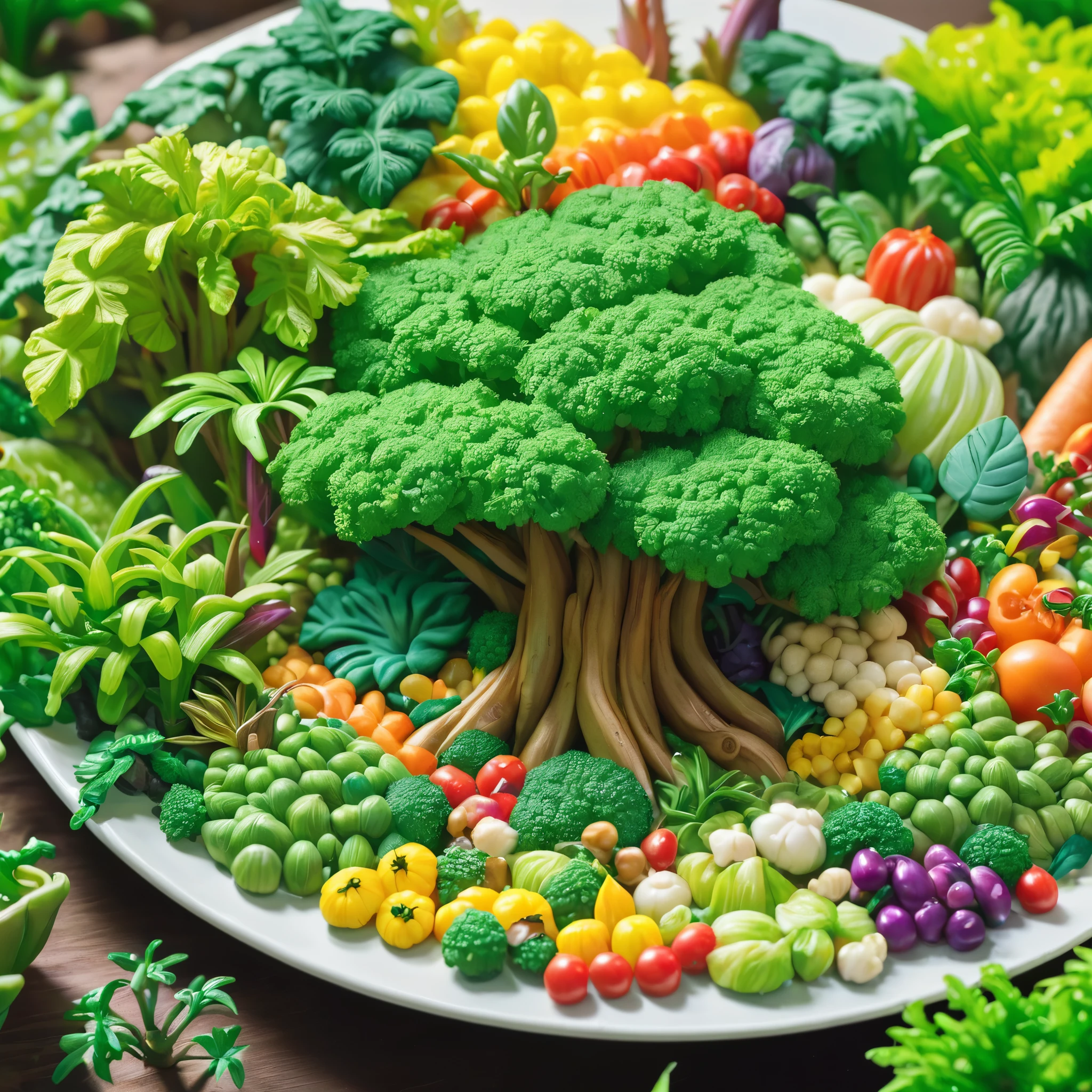 A jungle made of vegetables, On a plate, Colorful vegetables, Miniature Jungle, adventure, surprise, curiosity, On a plateの野菜のみを描く:1.2, Shallow depth of field, Cinematic lighting effects, (Highest quality, High Detail, masterpiece:1.2, Best aesthetics),