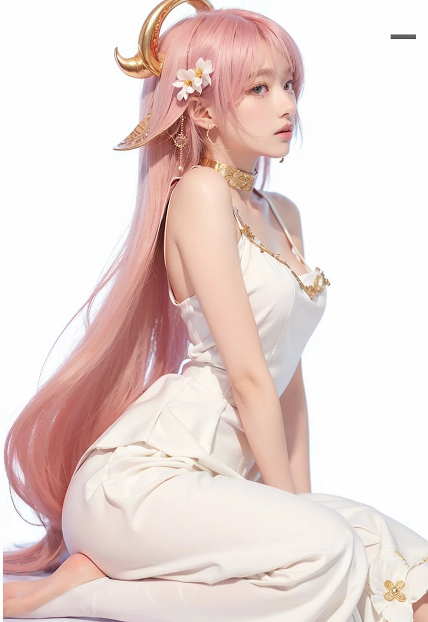 1. **hair**:
- Color: pink.
- Length: shoulder length.
- Form: hairstyle with straight hair, slightly wavy at the ends, with short straight bangs.
2. **Head and face**:
- Oval shaped face.
- Eyes are big, with purple irises.
- Facial expression is calm and confident.
3. **cloth**:
- Main part: white dress with high collar.
- Details: the dress is decorated with red and gold elements, with flower patterns.
- Sleeves: wide, long, with red trim and white patterns.
- Belt: decorated with gold and purple elements.
- The bottom of the dress is divided into two parts at the front, revealing red shorts.
4. **accessories**:
- Gold jewelry on the head, like horns or wings.
- Drop earrings with gold and red elements.
- On foot: Platform sandals, with white straps and gold jewelry.
5. **General style**:
- cloth и аксессуары имеют традиционный восточный стиль, Maybe, with elements of Japanese culture.
The girl looks elegant and sophisticated, with a distinctly aristocratic style.