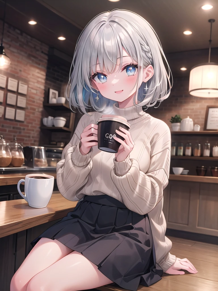 (8k, best quality, master piece: 1.2),super high resolution,1 girl, solo, ((colorshift eyes, hyperdetailed, expressive eyes)), ultra-detailed face, random hair, silver gray color, Ecstatic expression,She is enjoying a cup of coffee in a relaxed café. Soft music is playing around her, creating a warm atmosphere. She has softly curled silver hair and is wearing a casual sweater and skirt. She is sitting at the counter, smiling and holding a coffee cup in her hand.