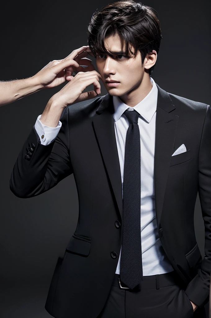 Brunette man with torn suit all injured in combat mode black background