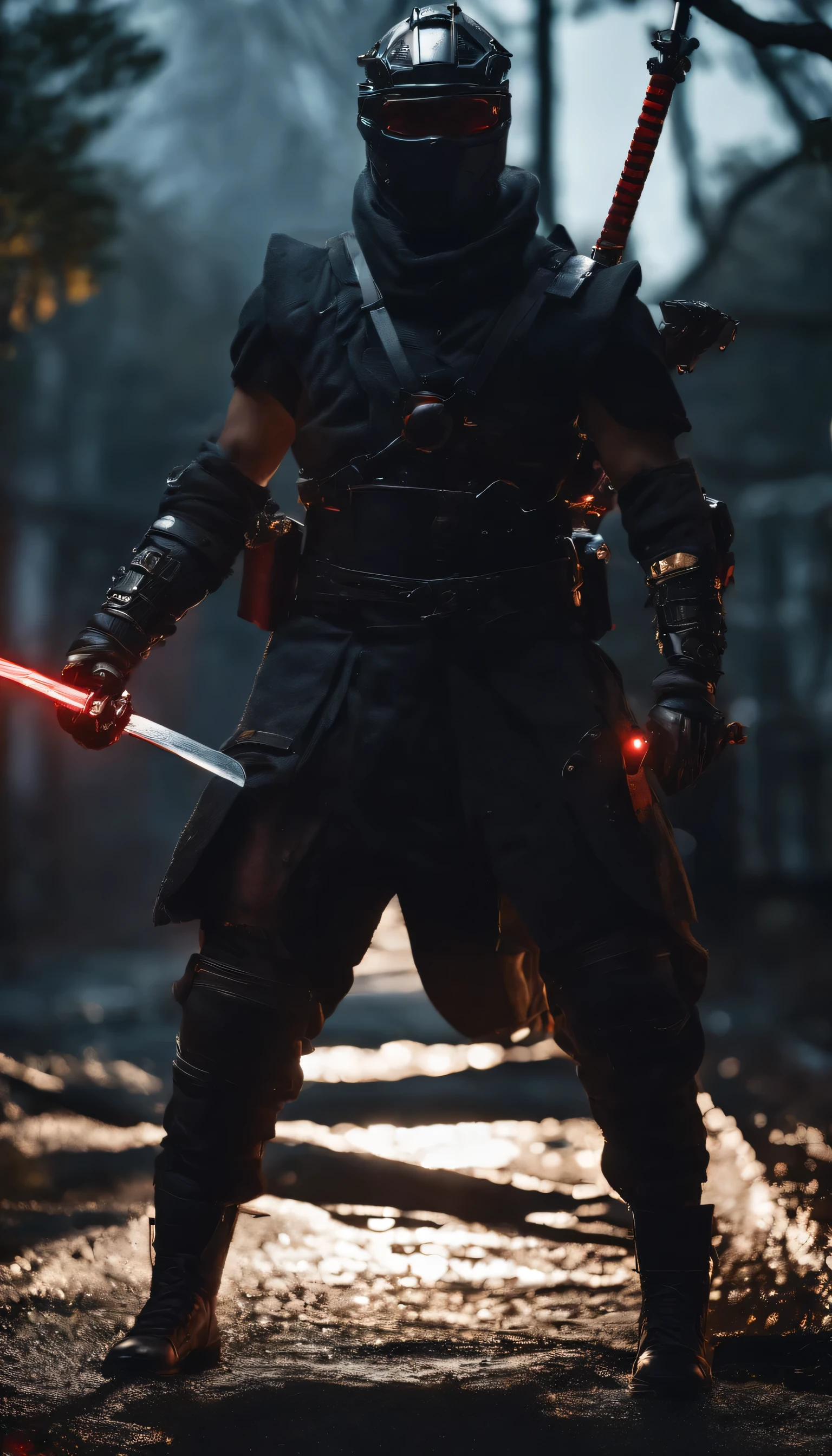ninja shinobi cyberpunk cyborg robot .sitting on a tree branch.big thighs, at night, yasuke.Ninja wearing a hat. Cyborg shinobi. Red eyes, devil mask, rain. The dark night. Equipped with Sword at the back. Katana is in the back. Robots. Gear. screws. lamp. wire in the back. Catch monsters in alley.real. Tokyo. UE5 CGI