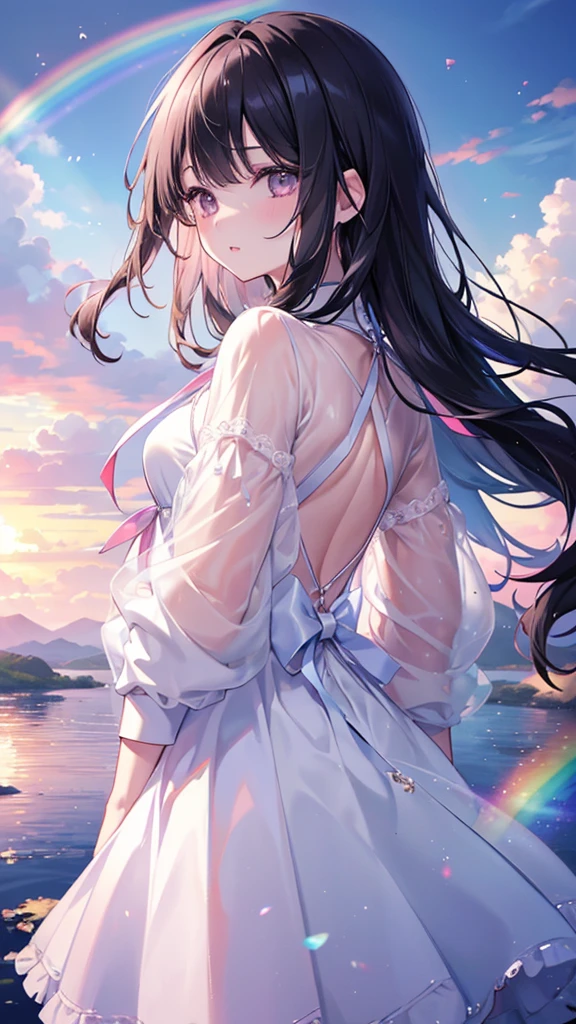 ((high school girl)), (Highest quality、masterpiece、Super fine、Super fine、Exquisite、16k、Full HD) 、((Back view)) 、 ((Sky after rain、a rainbow appears)),Black Hair,Soft sunlight、((Clear skies)) 、Black Eyes、Long eyelashes、White skin、Pale pink lips、(Pale pink cheeks、thin and long)、