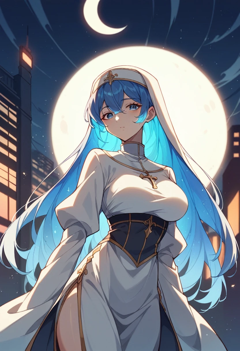 girl、anime、Blue Hair、long hair、Nuns、An illustration、Glowing hair、Townscape at night、skyscraper、moon、Beautiful light source