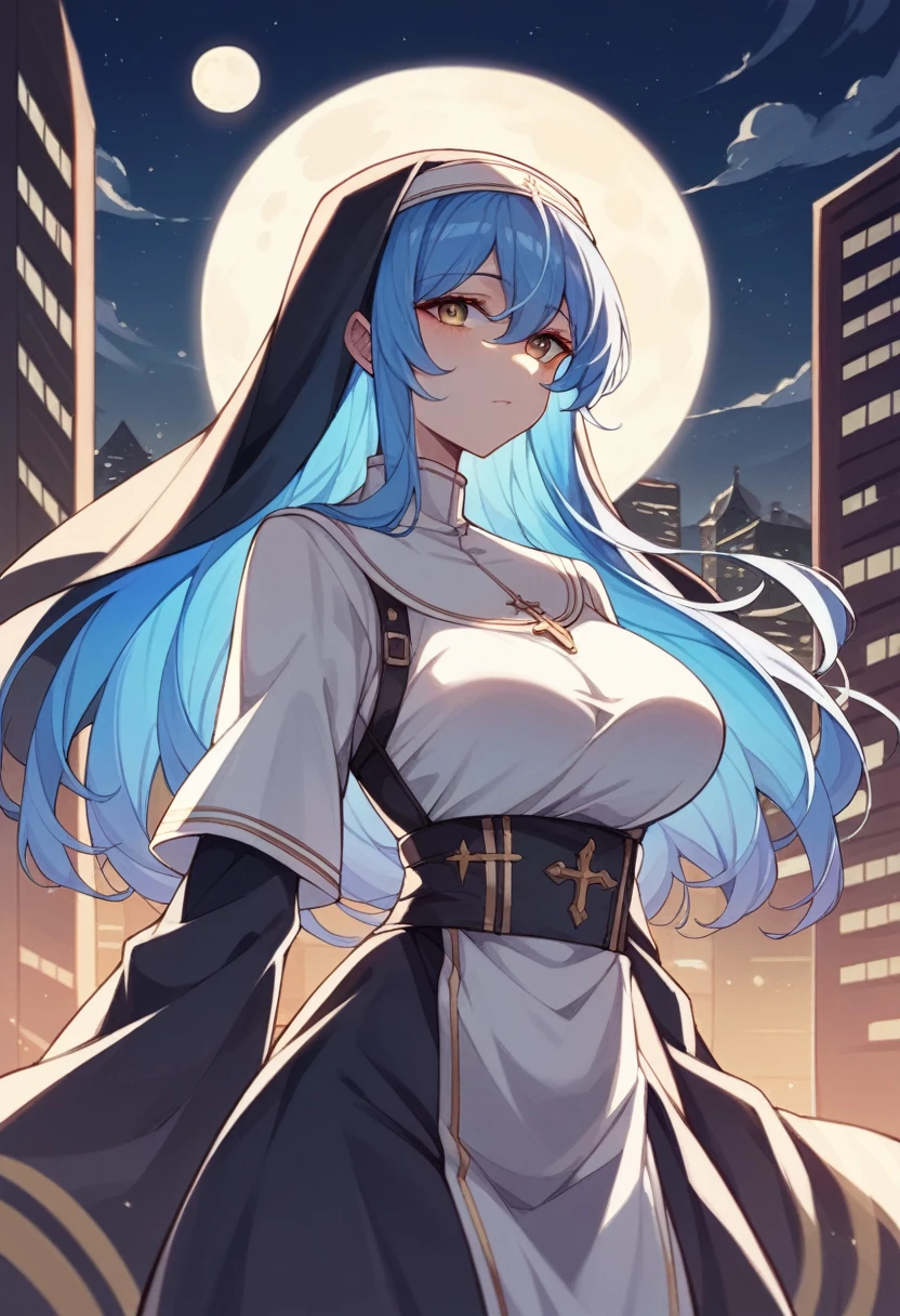 girl、anime、Blue Hair、long hair、Nuns、An illustration、Glowing hair、Townscape at night、skyscraper、moon、Beautiful light source
