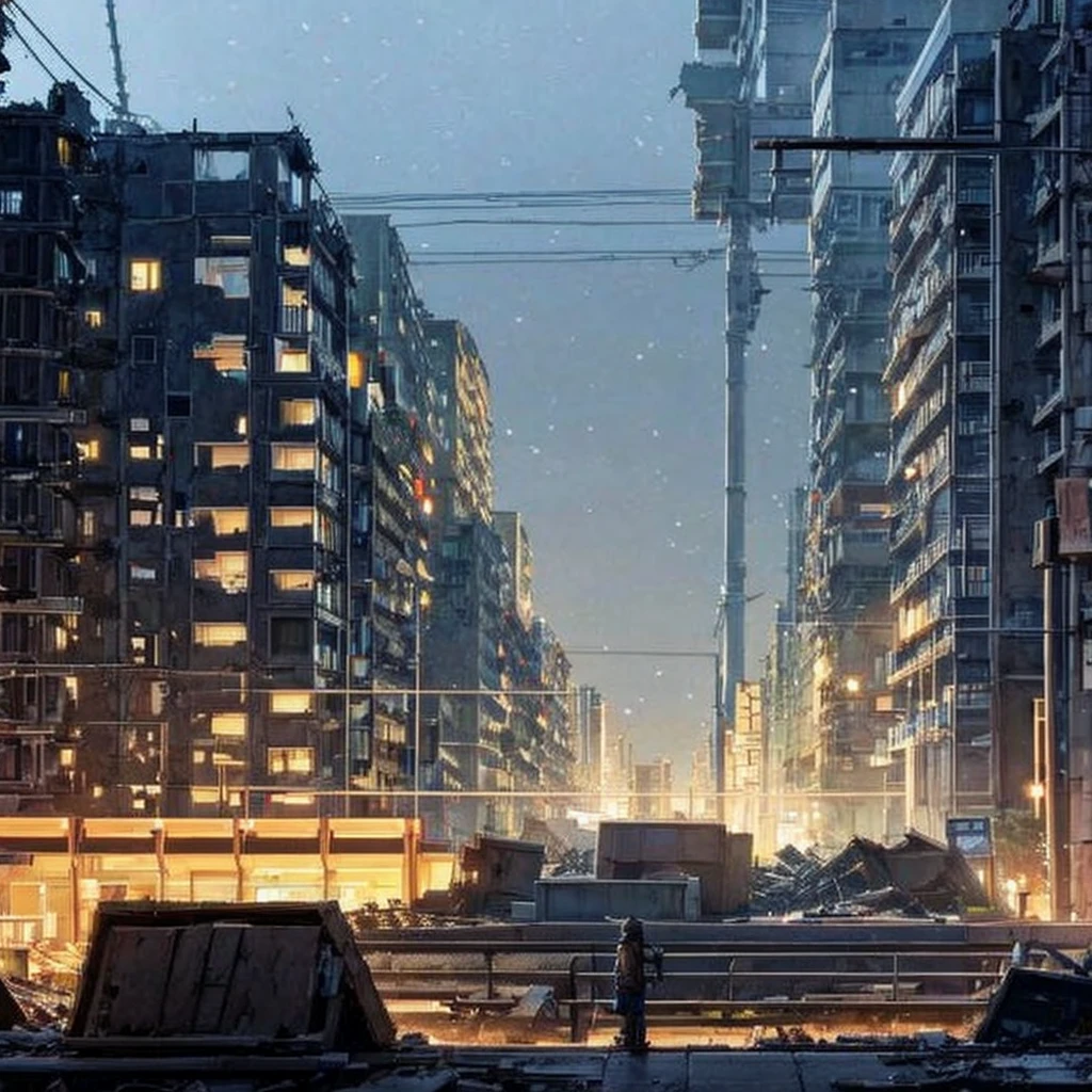 Night Scenery、 in a dark and Destroyed city, With a touch of lighting, Anime scenery, Decayed City, poorly lit, walking in the city, Destroyed city