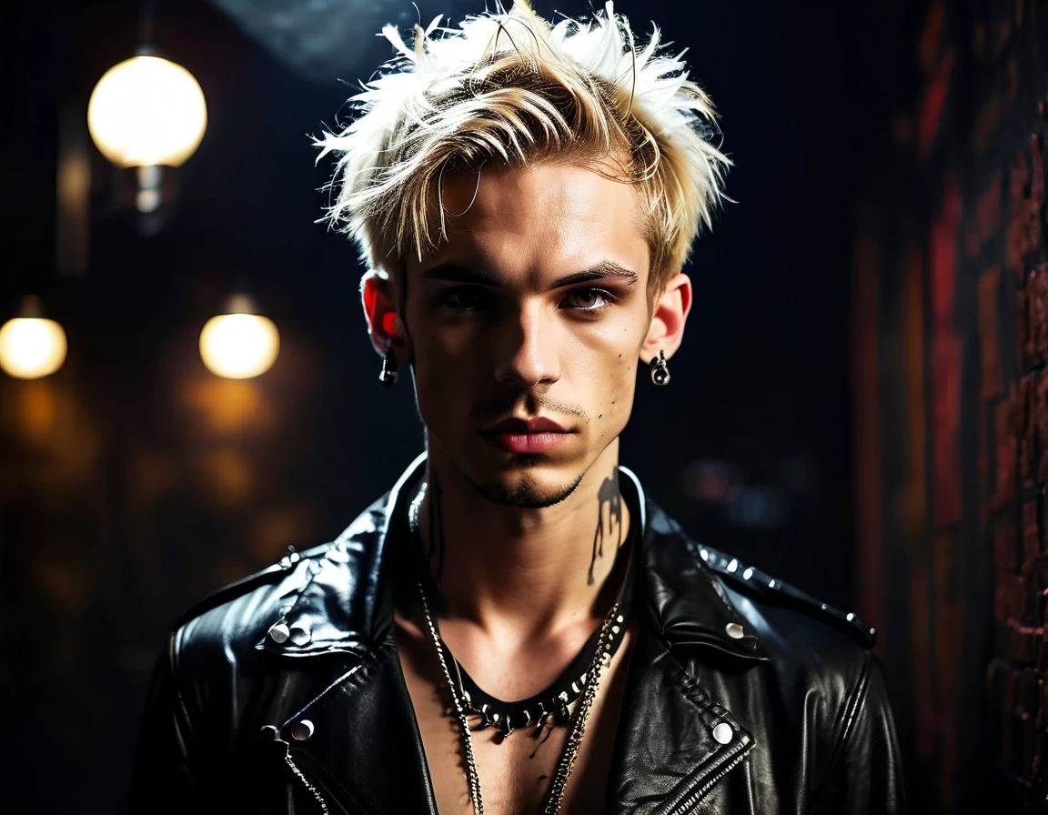 Realistic, forward facing shot, Caucasian white, male, 22 years old, attractive, model (skinny:1.3), demon, incubus, night club, (short messy blond hair:1.5), (black leather jacket:1.3), darkness, BDSM club background, gothic punk attire, heavy punk eyeshadow, evil, darkness, dark, full 16k, sexy