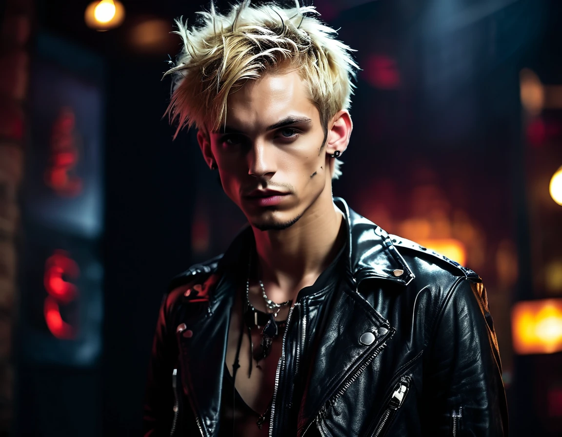 Realistic, forward facing shot, Caucasian white, male, 22 years old, attractive, model (skinny:1.3), demon, incubus, night club, (short messy blond hair:1.5), (black leather jacket:1.3), darkness, BDSM club background, gothic punk attire, heavy punk eyeshadow, evil, darkness, dark, full 16k, sexy