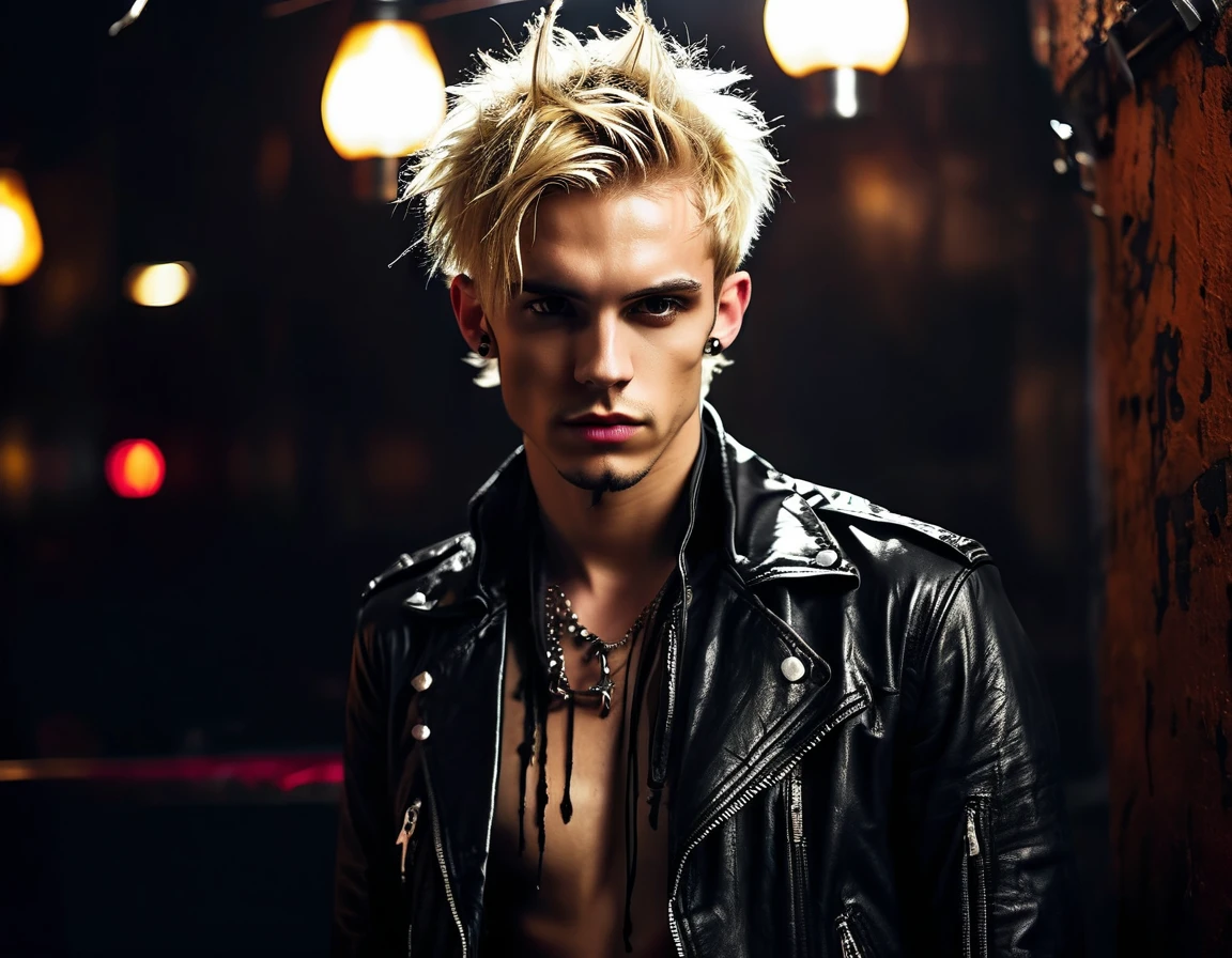 Realistic, forward facing shot, Caucasian white, male, 22 years old, attractive, model (skinny:1.3), demon, incubus, night club, (short messy blond hair:1.5), (black leather jacket:1.3), darkness, BDSM club background, gothic punk attire, heavy punk eyeshadow, evil, darkness, dark, full 16k, sexy