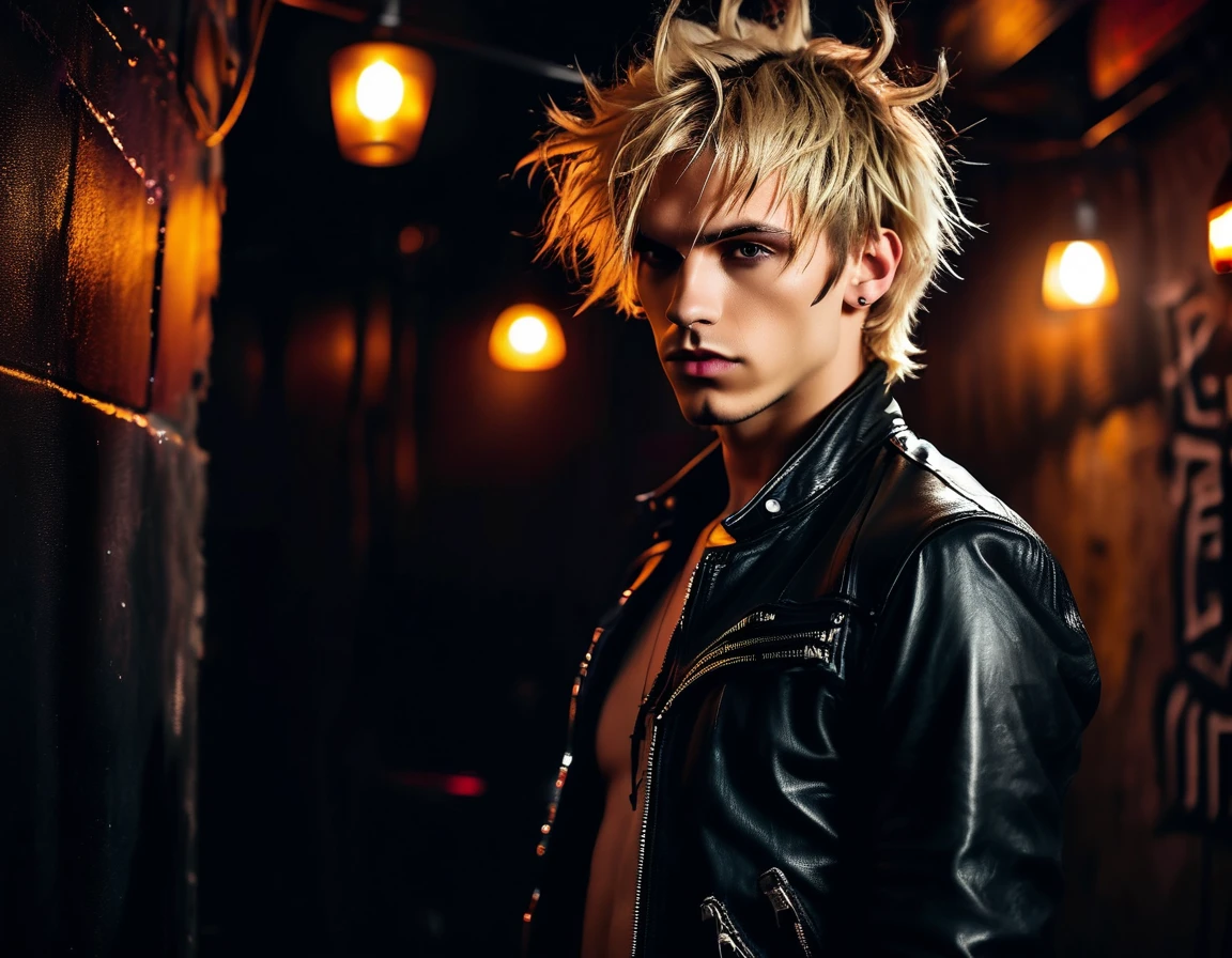 Realistic, forward facing shot, Caucasian white, male, 22 years old, attractive, model (skinny:1.3), demon, incubus, night club, (short messy blond hair:1.5), (black leather jacket:1.3), darkness, BDSM club background, gothic punk attire, heavy punk eyeshadow, evil, darkness, dark, full 16k, sexy