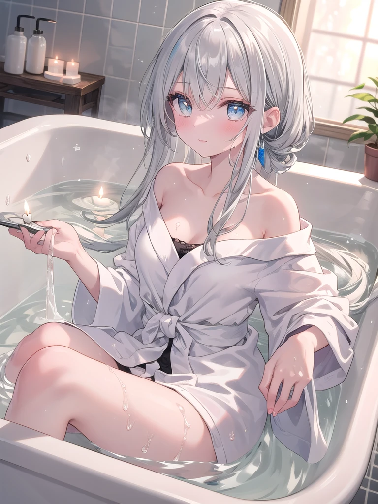 (8k, best quality, master piece: 1.2),super high resolution,1 girl, solo, ((colorshift eyes, hyperdetailed, expressive eyes)), ultra-detailed face, random hair, silver gray color, Ecstatic expression,She is soaking in a bathtub in a luxurious marble bathroom. The flickering candlelight creates a relaxing atmosphere. Her silver hair is tied up and she is wearing a silk bathrobe. The low-angle shot captures her relaxing in the bathtub with a calm expression on her face.