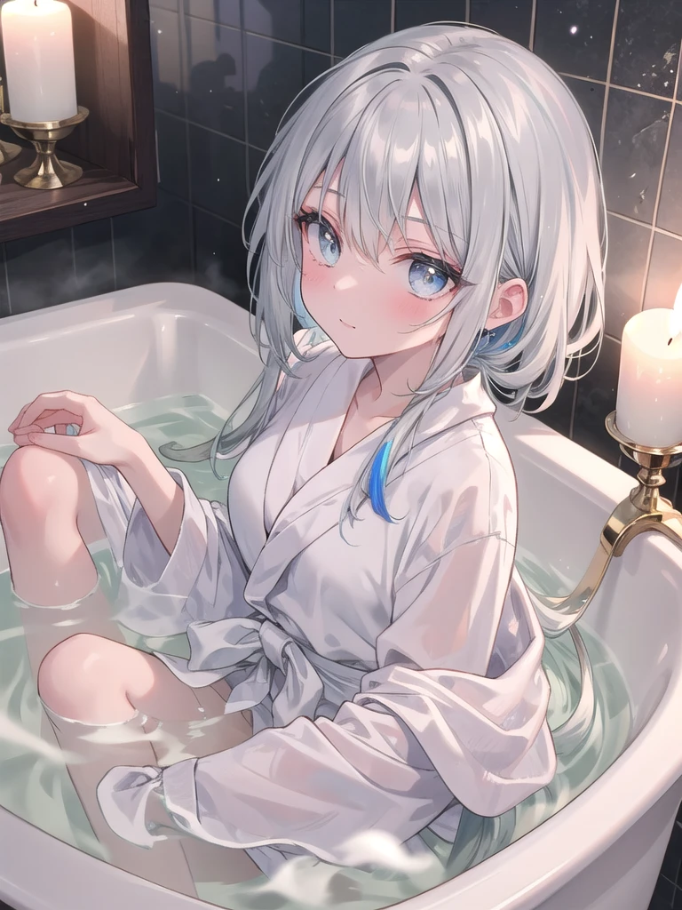 (8k, best quality, master piece: 1.2),super high resolution,1 girl, solo, ((colorshift eyes, hyperdetailed, expressive eyes)), ultra-detailed face, random hair, silver gray color, Ecstatic expression,She is soaking in a bathtub in a luxurious marble bathroom. The flickering candlelight creates a relaxing atmosphere. Her silver hair is tied up and she is wearing a silk bathrobe. The low-angle shot captures her relaxing in the bathtub with a calm expression on her face.