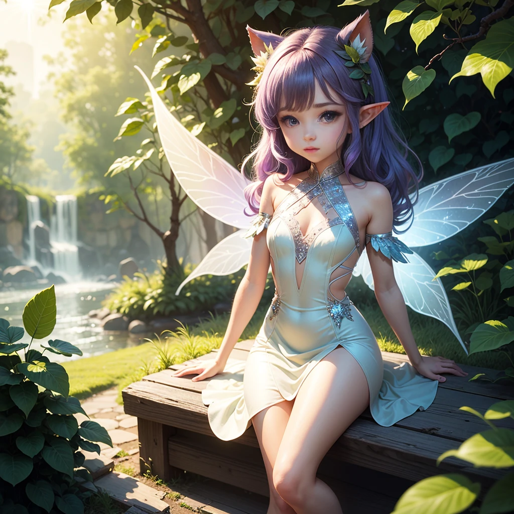 Cute little fairy, , rainbow hair, sparkly, pointy ears, sunshine, dress made of leaves, transparent wings