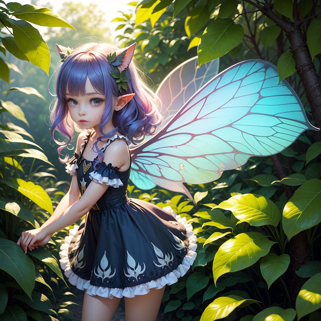 Cute little fairy, , rainbow hair, sparkly, pointy ears, sunshine, dress made of leaves, transparent wings