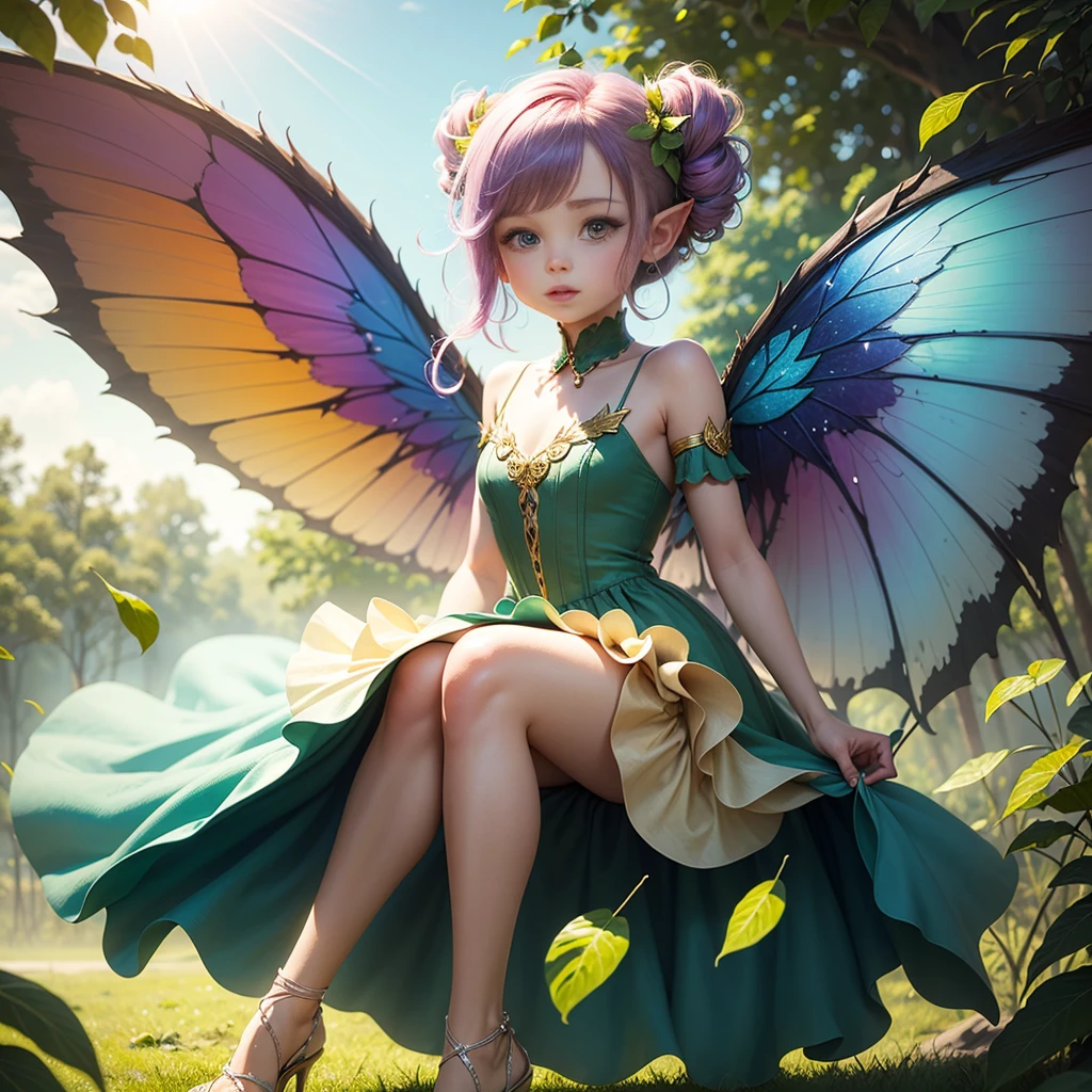 Cute little fairy, , rainbow hair, sparkly, pointy ears, sunshine, dress made of leaves, transparent wings