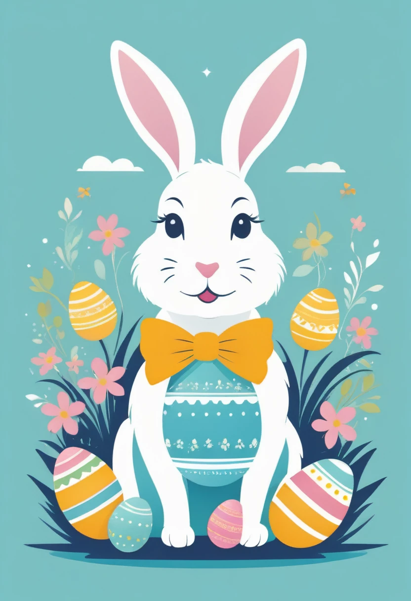 A delightful and colorful vector illustration of an Easter bunny in a serene, pastel-hued setting. The bunny, adorned with a simple yet elegant bowtie, holds a basket brimming with vibrant Easter eggs, each featuring a distinct pattern. The background radiates a festive atmosphere, with an ethereal blend of pastel colors and subtle white hues, text logo:"Páscoa Feliz," adds a cheerful and welcoming element to the composition, inviting viewers to celebrate the joy of the season.