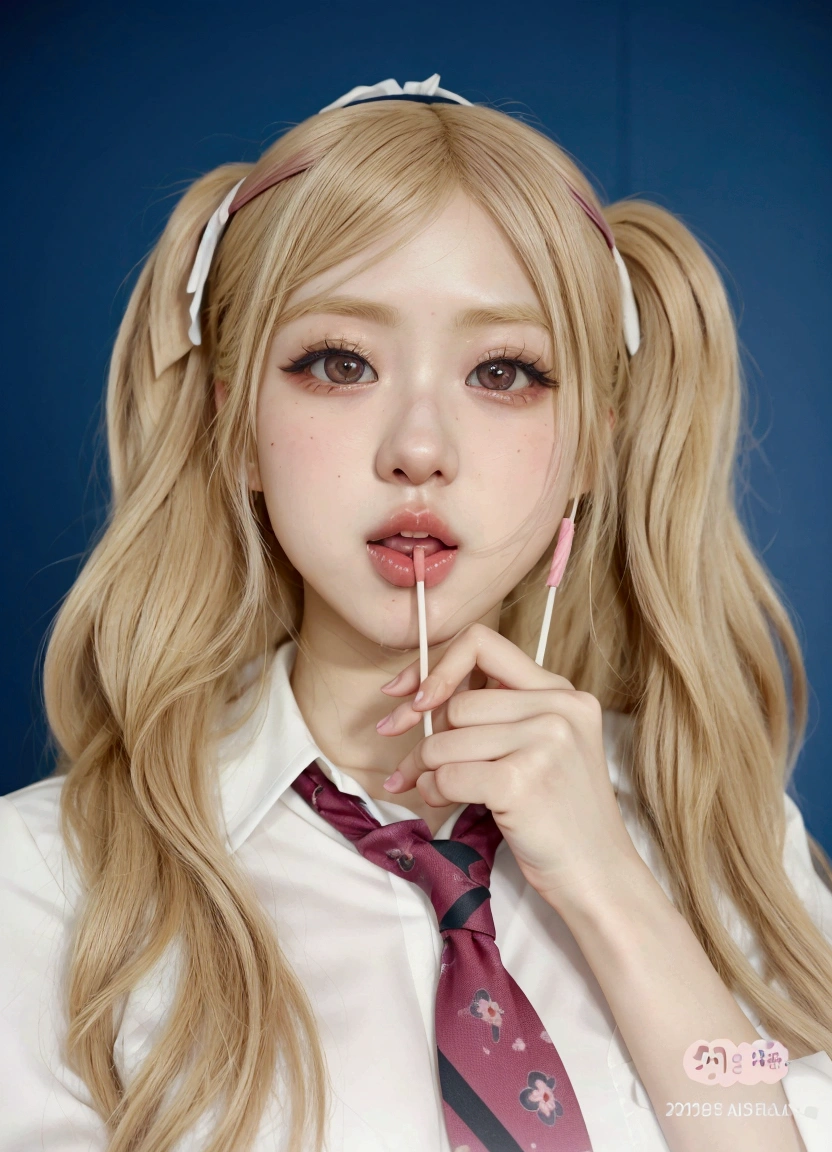 blond haired girl with a tie and headband holding a lollipop, ahegao face, anime girl in real life, a hyperrealistic , ahegao, hyperrealistic , junko enoshima, portrait of japanese gyaru, misa amane *, hyper realistic anime, anime girl cosplay, belle delphine, kawaii realistic portrait, misa amane