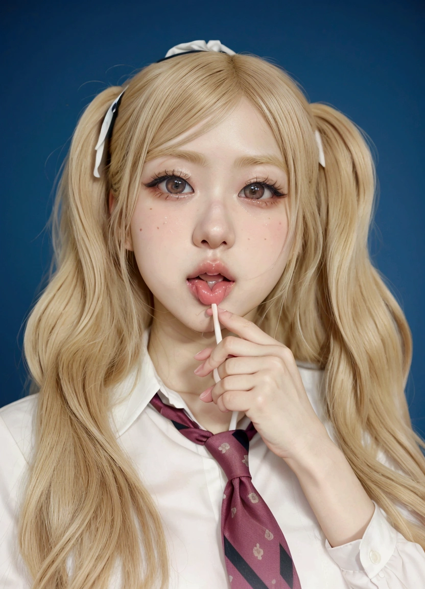 blond haired girl with a tie and headband holding a lollipop, ahegao face, anime girl in real life, a hyperrealistic , ahegao, hyperrealistic , junko enoshima, portrait of japanese gyaru, misa amane *, hyper realistic anime, anime girl cosplay, belle delphine, kawaii realistic portrait, misa amane