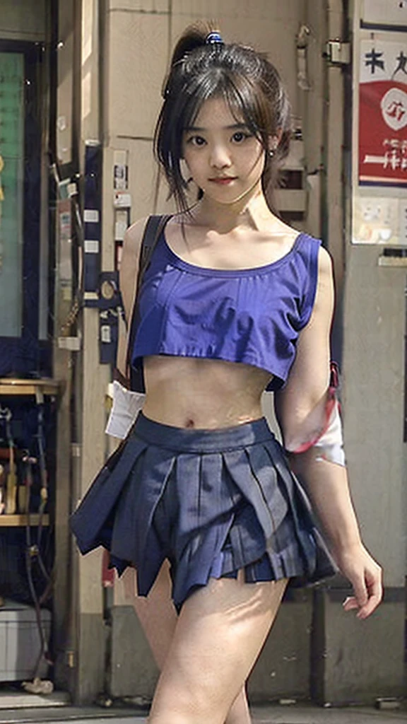 A large group of Japanese schoolgirls in short uniform skirts and open cropped tops