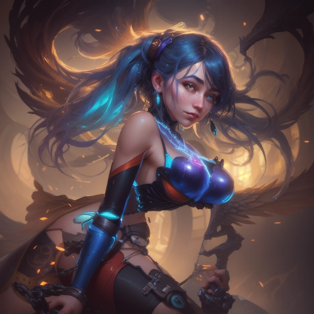 ((Best Quality)), ((masterpiece)), (detailed), together, ethereal beauty, perched on a cloud, (fantasy illustration:1.3), charming look, leotard, shackles, socks, mono, captivating pose, delicate wings, eLinda garota full body cyberpunk Netrunner By Artgerm, WLOP, Ilya Kuvshinov, Rhads, Loish and Rossdraws. hermoso rostro detailed. perfect shading, soft studio lighting, ultra realistic, photorealistic, Octane rendering, cinematic lighting, HdR, 4k, 8k, Edge lighting
