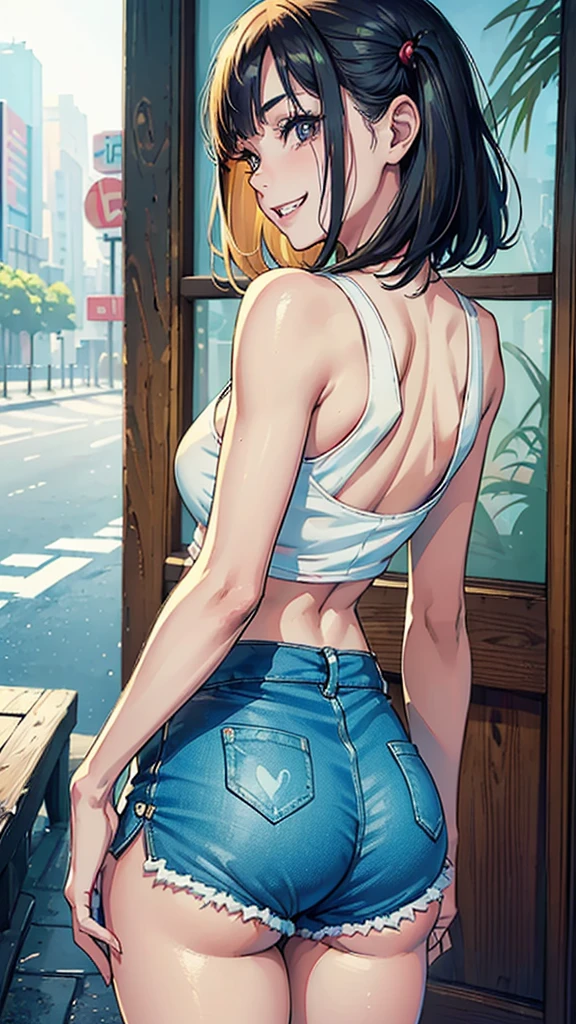 8K, Raw photo, highest quality, masterpiece, realistic, Photoreal, (1 Ultimate beauty), middle aged, Harley Quinn, highly detailed face, (perfect teeth), detailed eye, double eyelid, eyelash, grin and laugh, lip details, blonde bob, big breasts, (white tank top), ((dolphin shorts)), cowboy shot, Koen-dori in Tokyo, soft light, ((Depth of written boundary))
Please proceed with caution,((13 year old Japanese girl)), (((slim, thin waist, thin thighs, thin arms))), (((Rear view, realistic buttocks, small ass, retrospective diagram)))