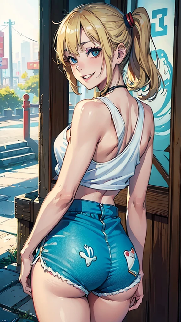 (masterpiece), (4k), ) (vivid colors), (evening light) 15 year old blonde woman, ((bubble style collections)), dressed like a teenager with a shy pose and look, flat chest, wear short jeans.