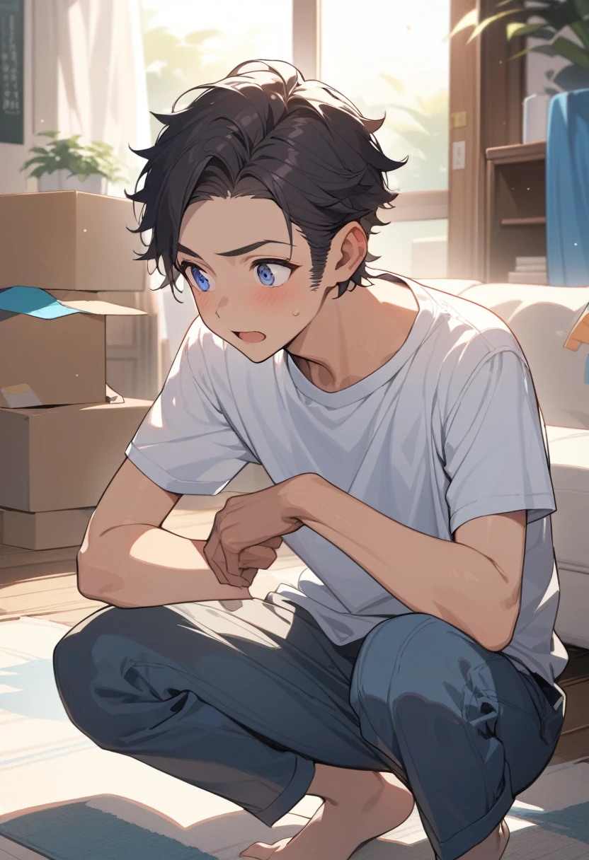masterpiece, best quality, extremely detailed, ultra detailed, flat anime, 2D, ((1boy)),black hair, (short hair:1.5),blue eyes, height 1.7meters, (circle eyes:1.2), (young adult:1.2), Ear-length sideburns, long Sleeves, White T-shirt, barefoot, ((short sleeves)), ((long pants)), squatting, open mouth, summer, 12AM, livingroom,organizing the boxes., ((portrait)),full body