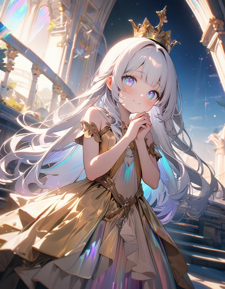 (8K, best quality, master piece: 1.2),super high resolution,1 girl is Aphrodite,18yo,solo,detailed cute face, pretty baby face, ultra cute kawaii, smile,detailed eyes,white hair,long hair,arched crown ,(Aphrodite),Gold Dress,straight hair,(iridescent light:1.4),standing,own hands together,Sky Bridge,sense of depth