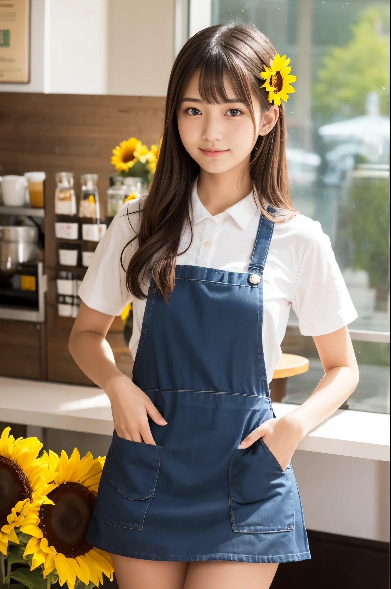 20 years old girl (Japanese cute face) is wearing mini skirt and white apron and working at the cafe with sunflowers