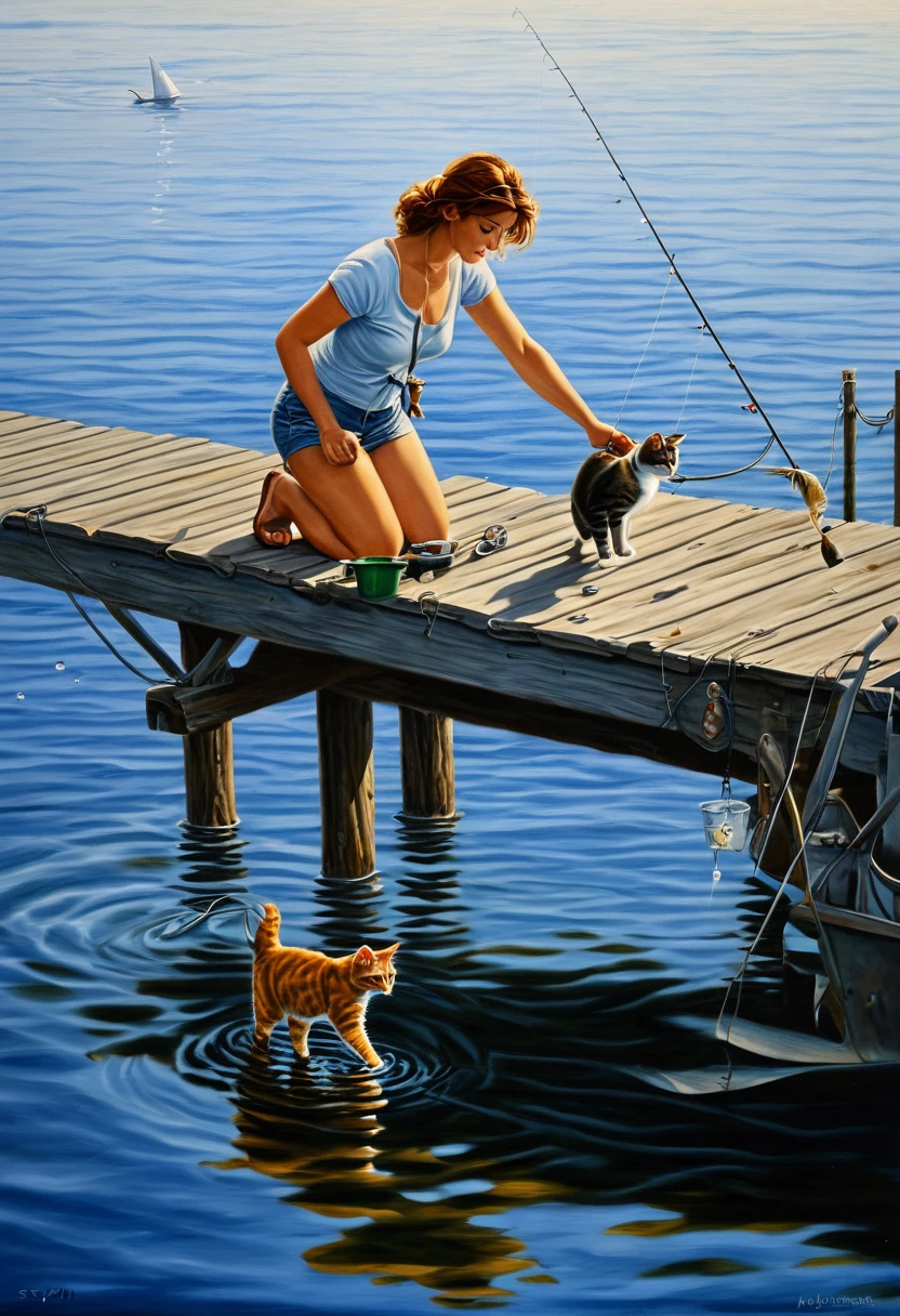 painting of a woman fishing with a cat on a dock, cat stole a fish from a bucket, beautiful realistic painting, realistic illustrative painting, realistic painting, photorealistic painting, Stevan Dohanos, photorealistic painting, erik zener aykut aydogdu, realistic oil painting, fishing, incredible painting, detailed realistic painting, amazing painting, realistic detailed painting, beautiful digital work