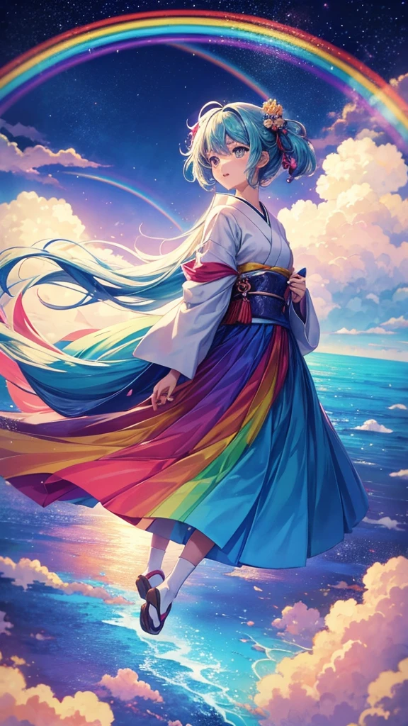 There is a rainbow in the sky，The background is a rainbow, Bright rainbow rain clouds, beautiful floating clouds. Japanese cartoons, rainbow background, Rainbow Ofanimu stills, Elegant rainbow rain clouds, Anime Cloud, colorful Japanese cartoons movie background, rainbow in the sky, Anime Sky, glowing sky paradise background, Japanese cartoons backgrounds, Rainbow clouds, paradise background, Japanese cartoons movie backgrounds