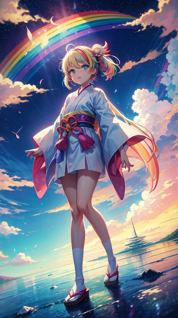There is a rainbow in the sky，The background is a rainbow, Bright rainbow rain clouds, beautiful floating clouds. Japanese cartoons, rainbow background, Rainbow Ofanimu stills, Elegant rainbow rain clouds, Anime Cloud, colorful Japanese cartoons movie background, rainbow in the sky, Anime Sky, glowing sky paradise background, Japanese cartoons backgrounds, Rainbow clouds, paradise background, Japanese cartoons movie backgrounds