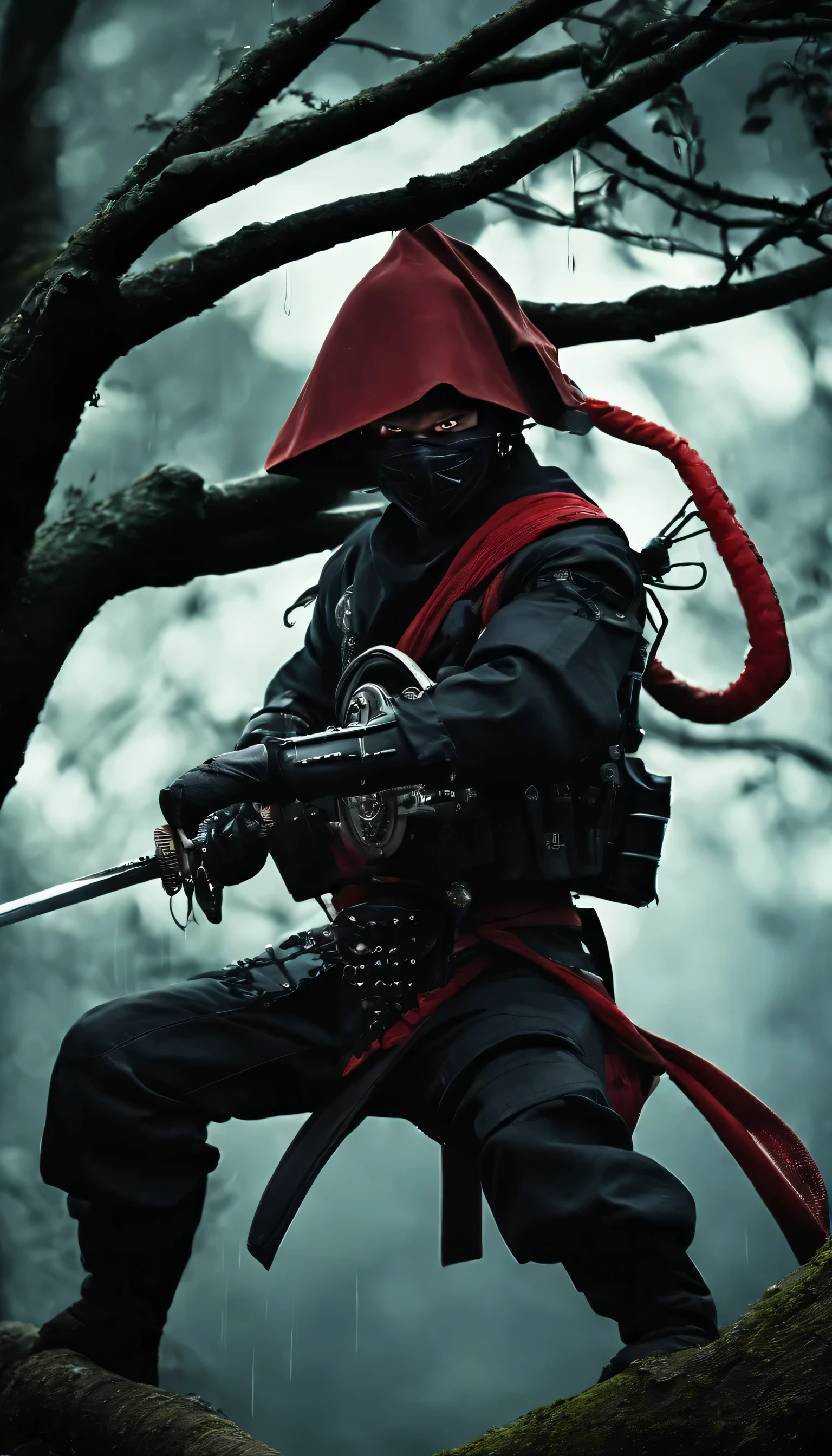 ninja shinobi cyberpunk cyborg robot .sitting on a tree branch.big thighs, at night, yasuke.Ninja wearing a hat. Cyborg shinobi. Red eyes, devil mask, rain. The dark night. Equipped with Sword at the back. Katana is in the back. Robots. Gear. screws. lamp. wire in the back. Catch monsters in alley.real. Tokyo. UE5 CGI