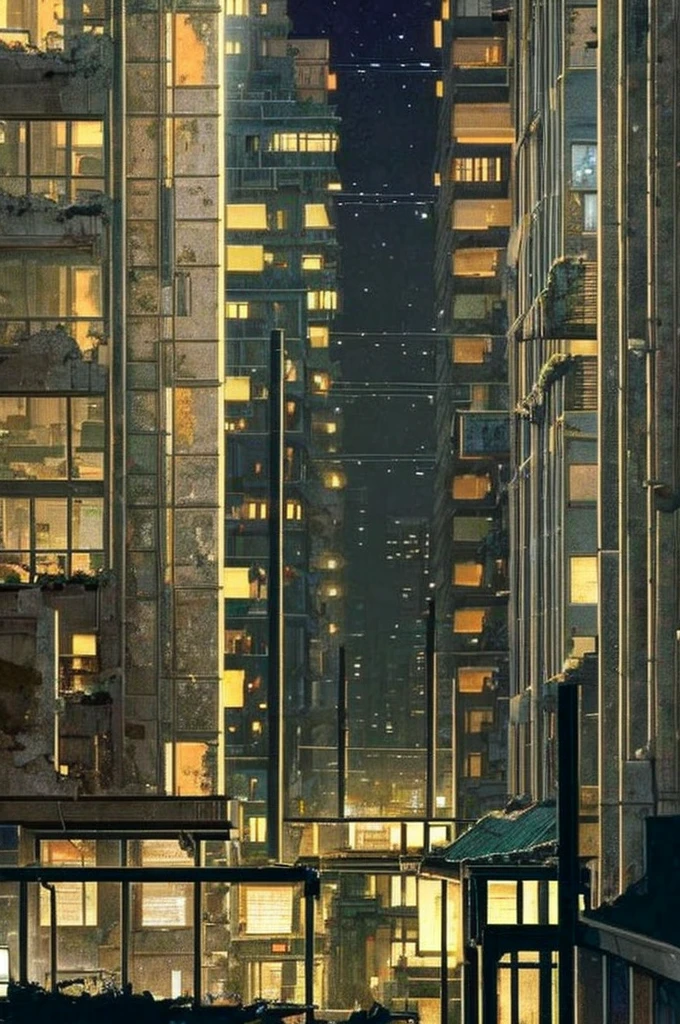 Night Scenery、 in a dark and Destroyed city, With a touch of lighting, Anime scenery, Decayed City, poorly lit, walking in the city, Destroyed city