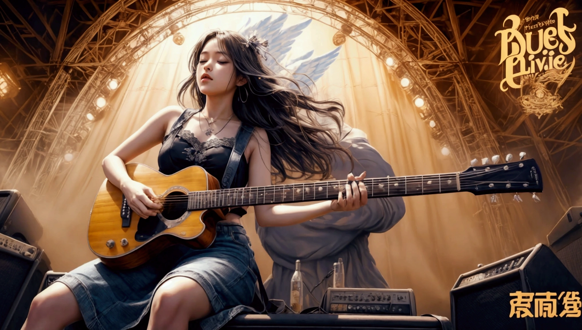 Draw a music festival poster，Playing blues guitar，Musical note elements