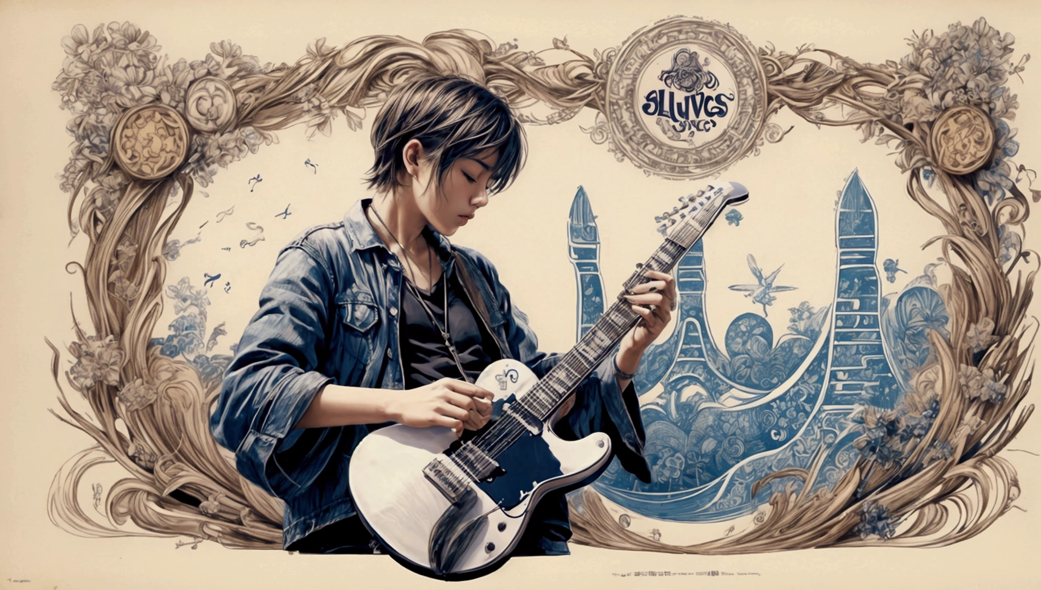 Draw a music festival poster，Playing blues guitar，Musical note elements