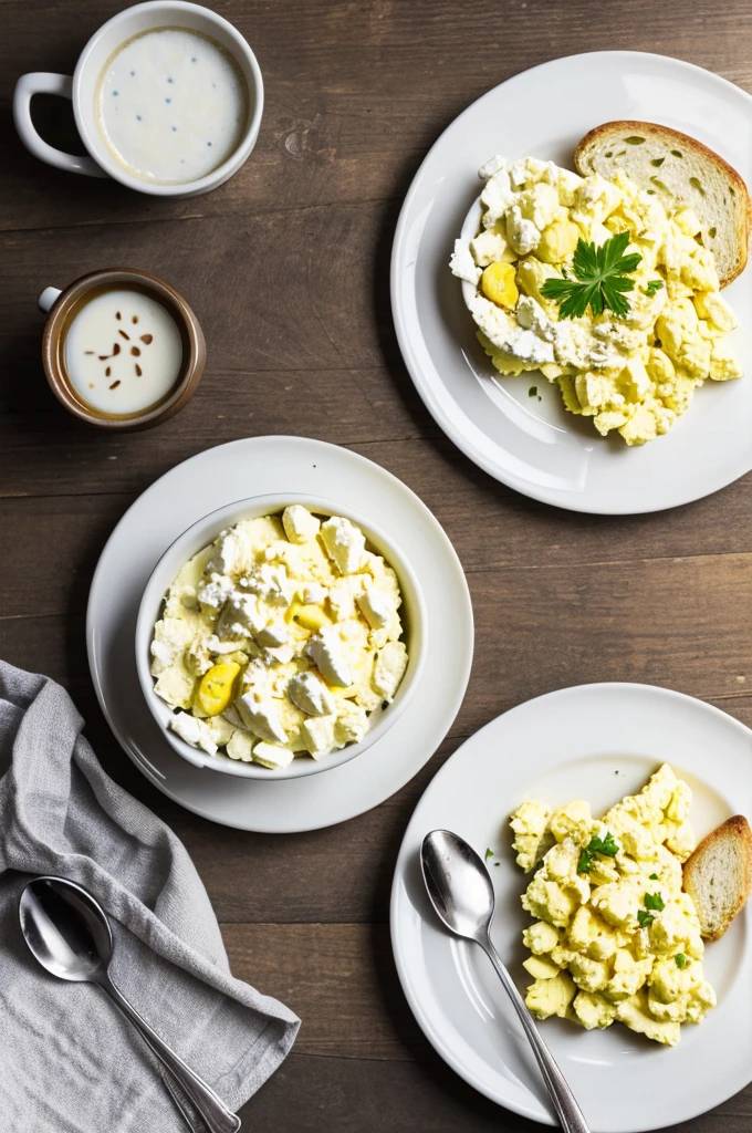 scrambled eggs, coffee with milk and bread