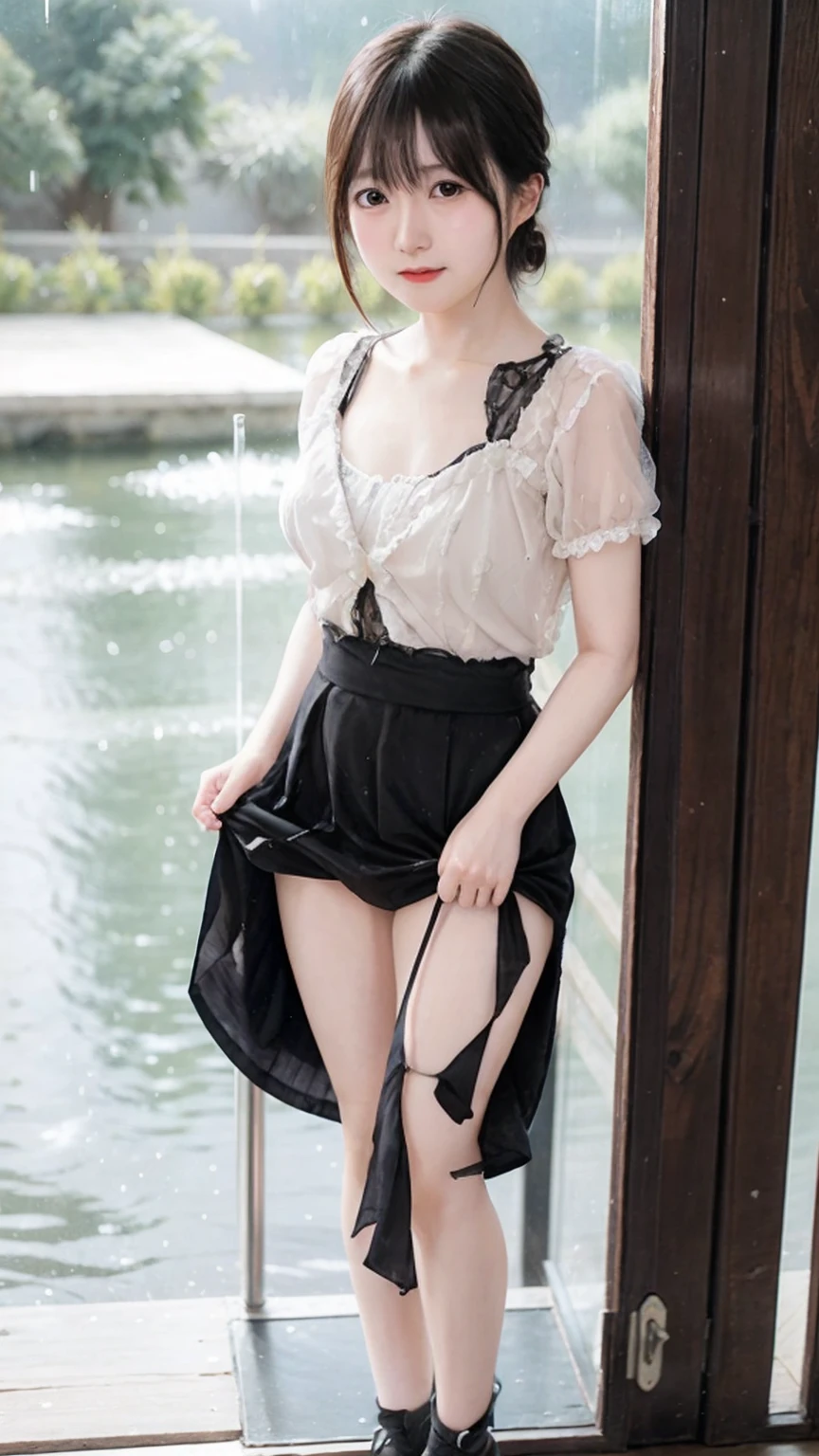 A super cute, tsundere, busty girl、The highest standard of ultra-high definition full-body photos、(Small face)、No makeup、Sexy lips、Chignon hairstyle、A see-through, girly shirt、Enchanting pleated skirt、bustＤcup、WaistＳsize、Mysterious riverbed