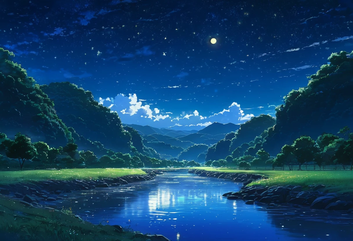 A painting of a river, stars and the moon in the sky, In bright colors, by makoto shinkai. Concept art inspired by Mitsuoki Tosa, pixiv Contest Winner, Highest quality, Fantasy art, Beautiful anime scene, Golden Moon, No humans, Starry Sky, scenery, cloud, Shine, the scenery of night landscapes, Mountain, Rivers. Bright Moon, Starry Sky environment under the moonlight, Dream Painting, Anime Background art, Fantasy Landscape Painting, A dreamlike night, Anime Background, Background artwork, Dreamy Art, Atmospheric anime, Starry Sky, Detail enhancements.high resolution,reality,Emotional,