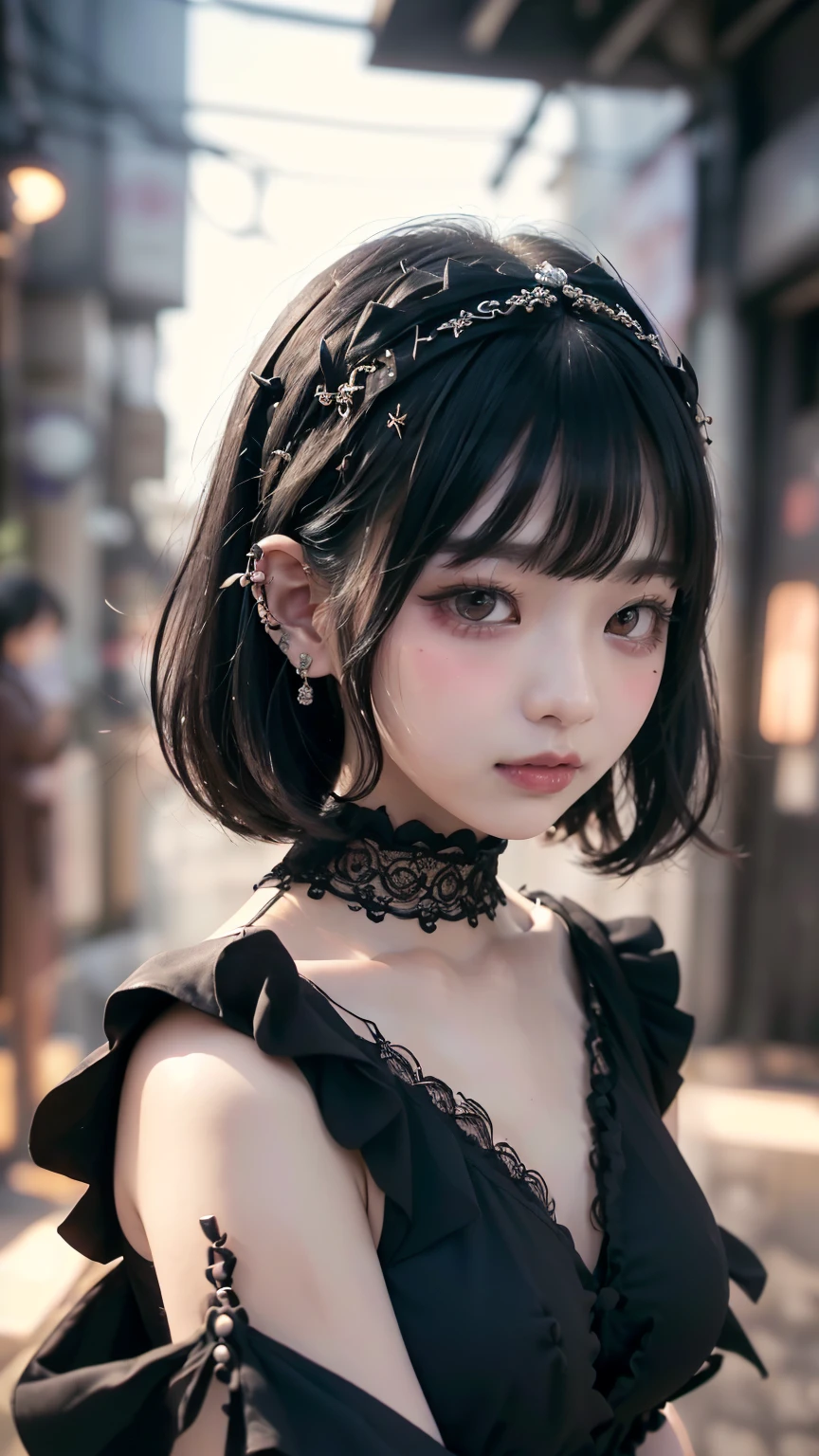 Surreal、A masterpiece of delicate and detailed line drawing、Highest quality、Highest quality、(One Woman、16 years old、(Big Breasts:1.3), (Big Ass:1.3)、(Black Hair、Hime cut, short hair:1.2)、(Natural Makeup、Eyelash extensions、Draw eyelashes sharply、Eyebrows are thin and short、Deep orange blush:1.1)、(Spaced out、Looks sleepy、Open your mouth、Slightly red cheeks:1.2)、(Simple black hair accessories、Gothic dress with exposed chest:1.3))、Dark Rose Gardens、Purple Rose、(Blur the background:1.3)、(Top view of the subject:1.1)、Photo from thigh up