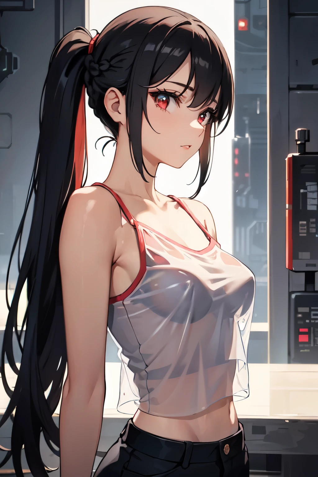 Optimal,masterpiece,High resolution,Highest quality,Hyper HD,Very detailed,Award-winning,16K,alone,(Upper Body),Correct Anatomy,Beautiful Cyberpunk Girl,Cowboy Shot、Cute Face,,、Long Hair、Twin tails、Braiding, Hairline,((Scarlet Eyes)),Long eyelashes,Drooping eye corners,White skin,Shoot from the side, ((See-through camisole:1.5)), 、rocket , (Because I'thin),
