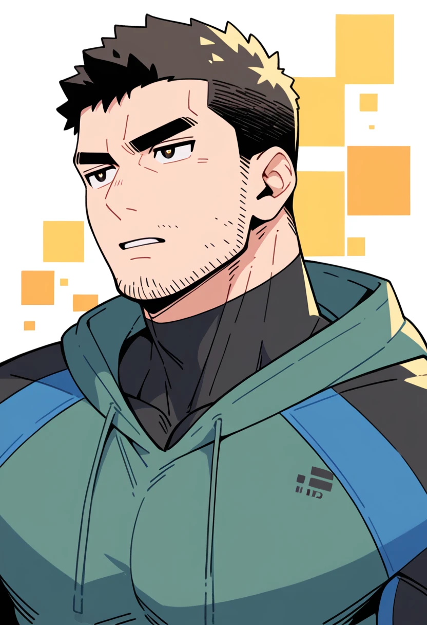 anime characters：Chris Redfield, Muscle Sports Student, Buzz Cut, Manliness, male focus, Sports tight hooded sweatshirt, Wear a black high-necked tights inside, Very tight, Huge chest muscles, muscular male, muscular, only, Upper body, alone, Red short hair, Thick eyebrows, stubble, Brown-red pupils, White background, simple background, amazing quality, best aesthetics, Ridiculous, crew cut, parted lips, v-shaped eyebrows, jitome, negative space, best quality