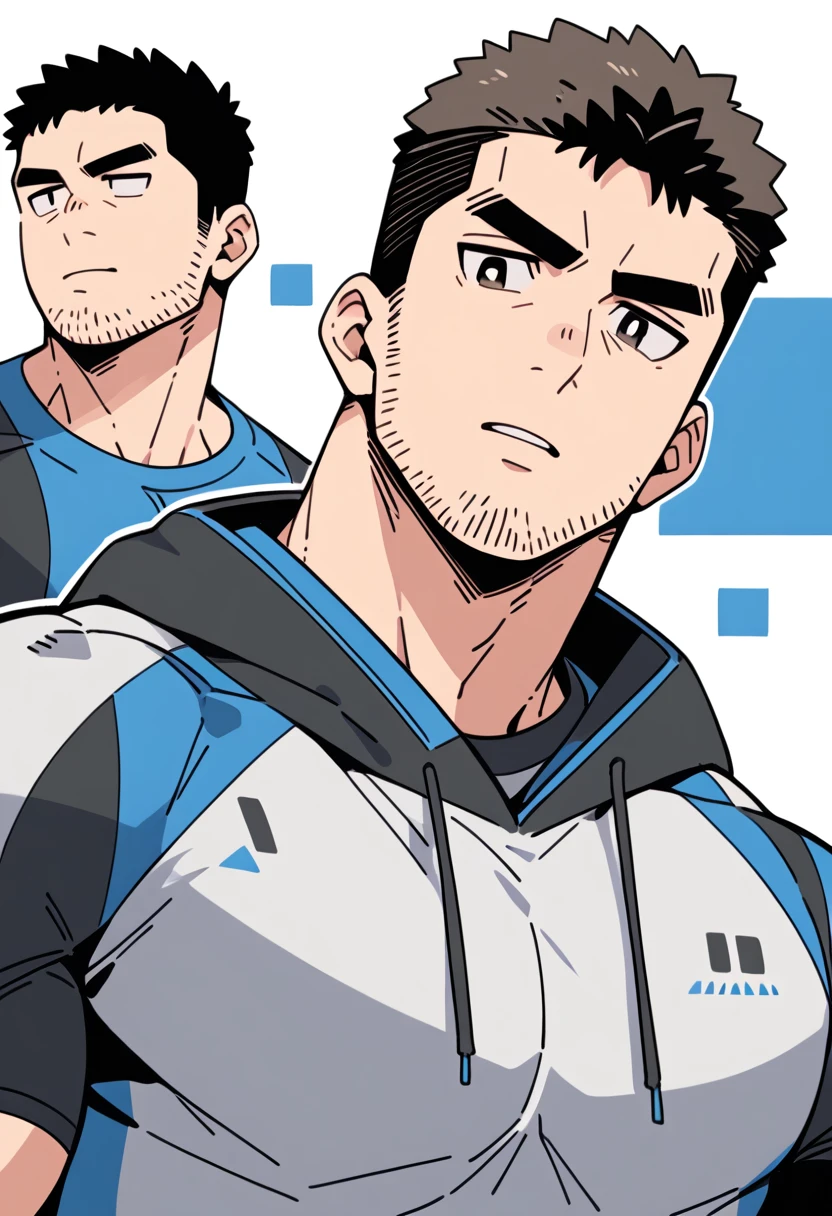 anime characters:Chris Redfield, Muscle Sports Student, Buzz Cut, Manliness, male focus, Sports tight hooded sweatshirt, Wear a black high-necked tights inside, Very tight, Huge chest muscles, muscular male, muscular, only, Upper body, alone, Red short hair, Thick eyebrows, stubble, Brown-red pupils, White background, simple background, amazing quality, best aesthetics, Ridiculous, crew cut, parted lips, v-shaped eyebrows, jitome, negative space, best quality